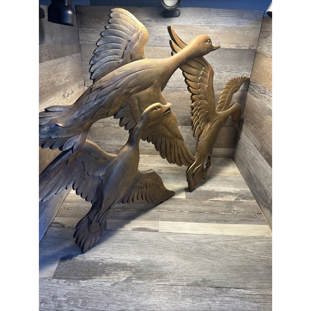 MCM Wall Hanging SYROCO Molded Wood Flying Geese Ducks Gold Tone Mid Century